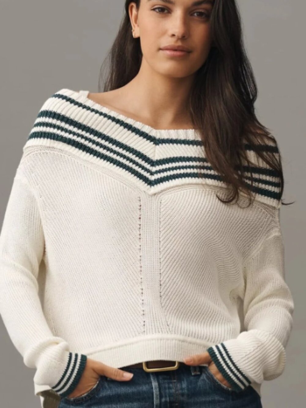 Maeve Off-The-Shoulder V-Boatneck Sweater, size M